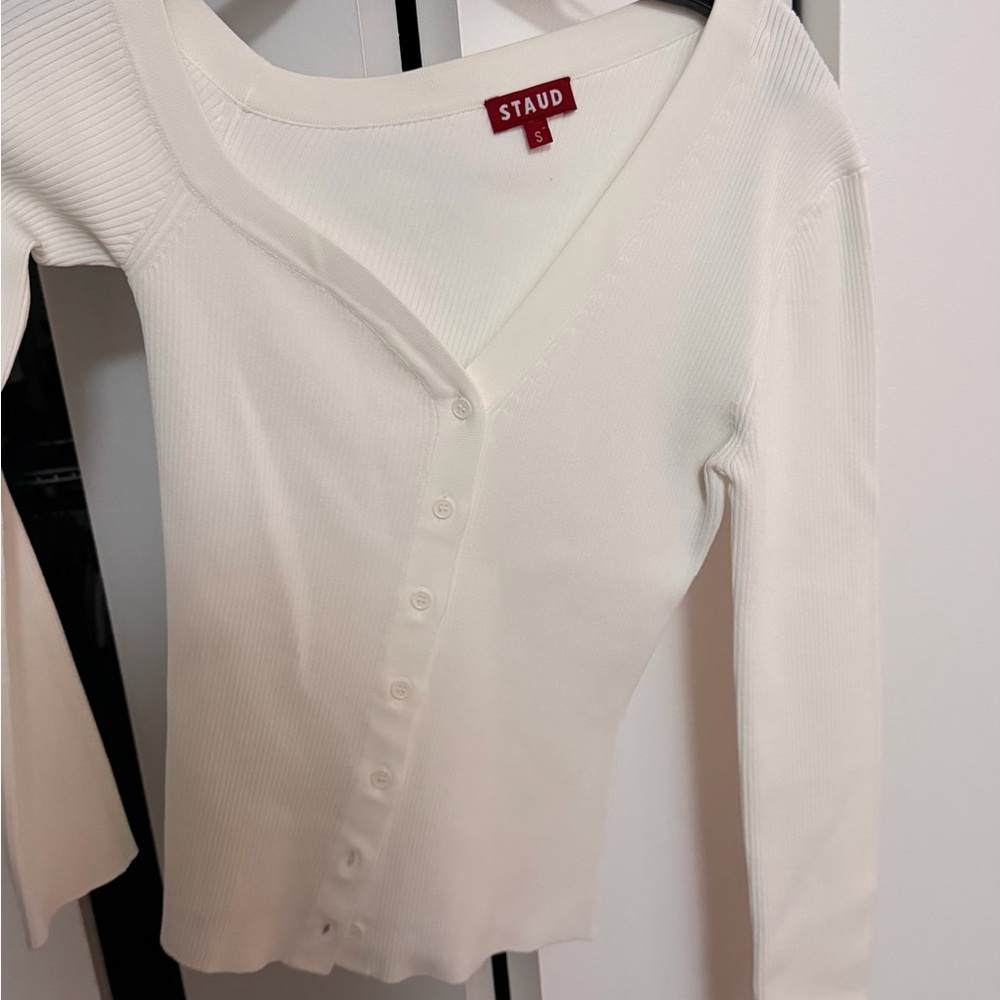 STAUD Cream Ribbed Button-Down Shirt